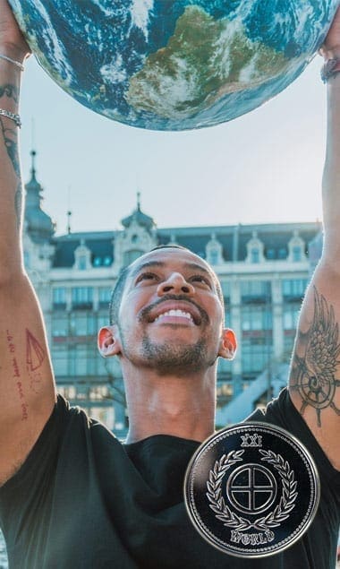 Happy man holding globe